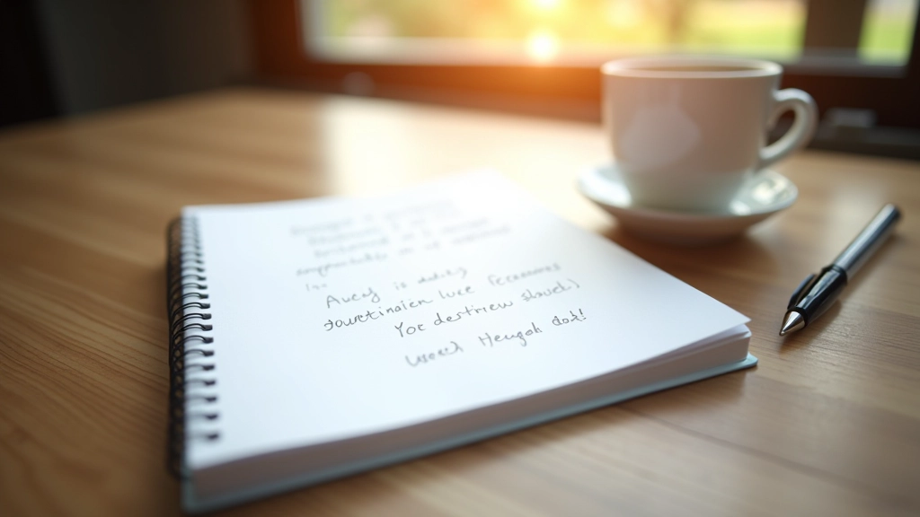 Notizbuch mit handschriftlichen Notizen auf einem Schreibtisch neben einer Kaffeetasse