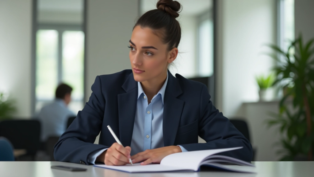 Person sitzt konzentriert an einem Schreibtisch und schreibt Notizen auf, bereitet sich auf ein wichtiges Gespräch vor, nachdenkliche Atmosphäre