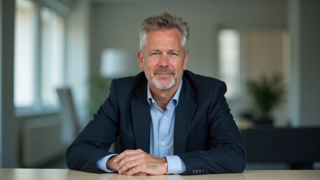 Person sitzt aufrecht am Schreibtisch, tiefe und entspannte Atmung, konzentrierter und gelassener Gesichtsausdruck, professionelle Umgebung