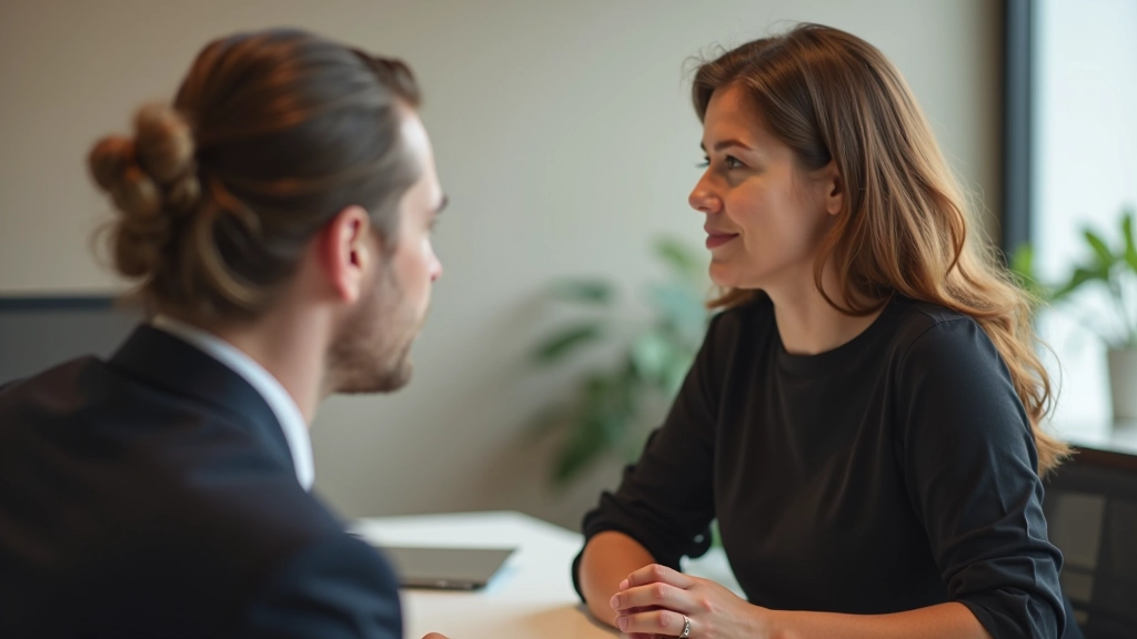 Zwei Personen in tiefem Gespräch, vertraute Atmosphäre, beide schauen sich an, entspannte Körperhaltung