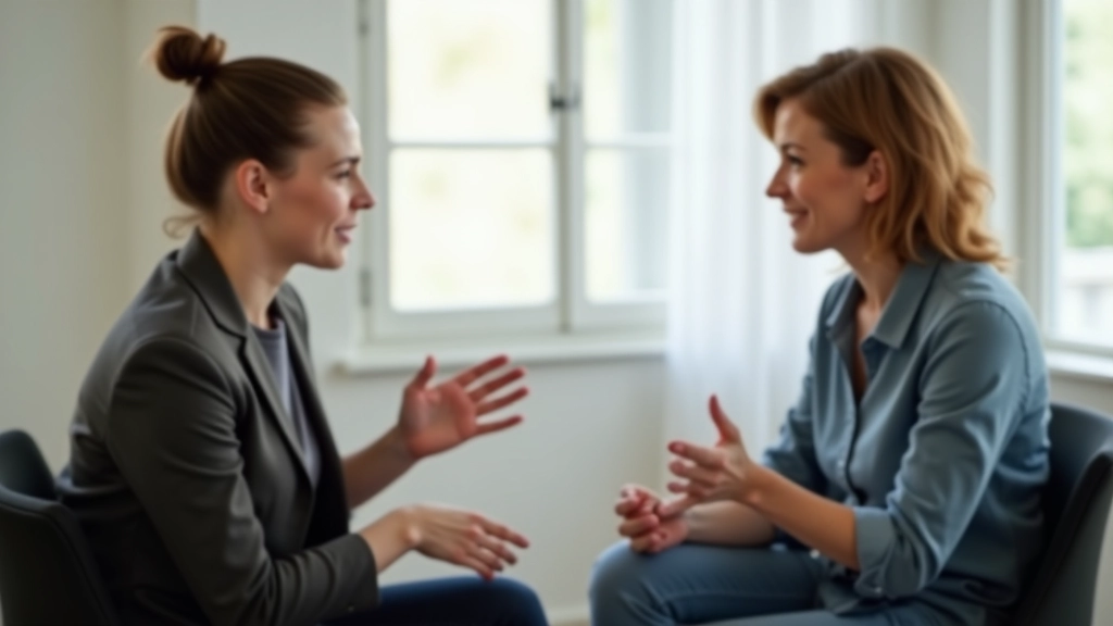 Zwei Personen sitzen sich in einem entspannten Setting gegenüber, führen ein offenes Gespräch mit offener Körpersprache und gegenseitigem Verständnis