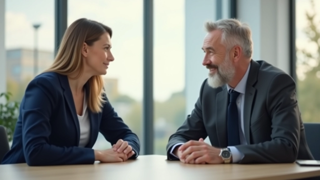 Zwei Personen führen ein offenes Gespräch in einem hellen, modernen Konferenzraum