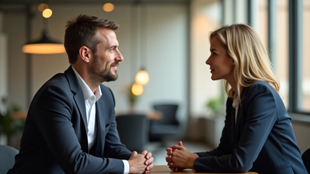 Zwei Personen sitzen sich gegenüber, offene Körperhaltung, aufmerksamer Blickkontakt, konstruktive Atmosphäre in modernem Büroraum